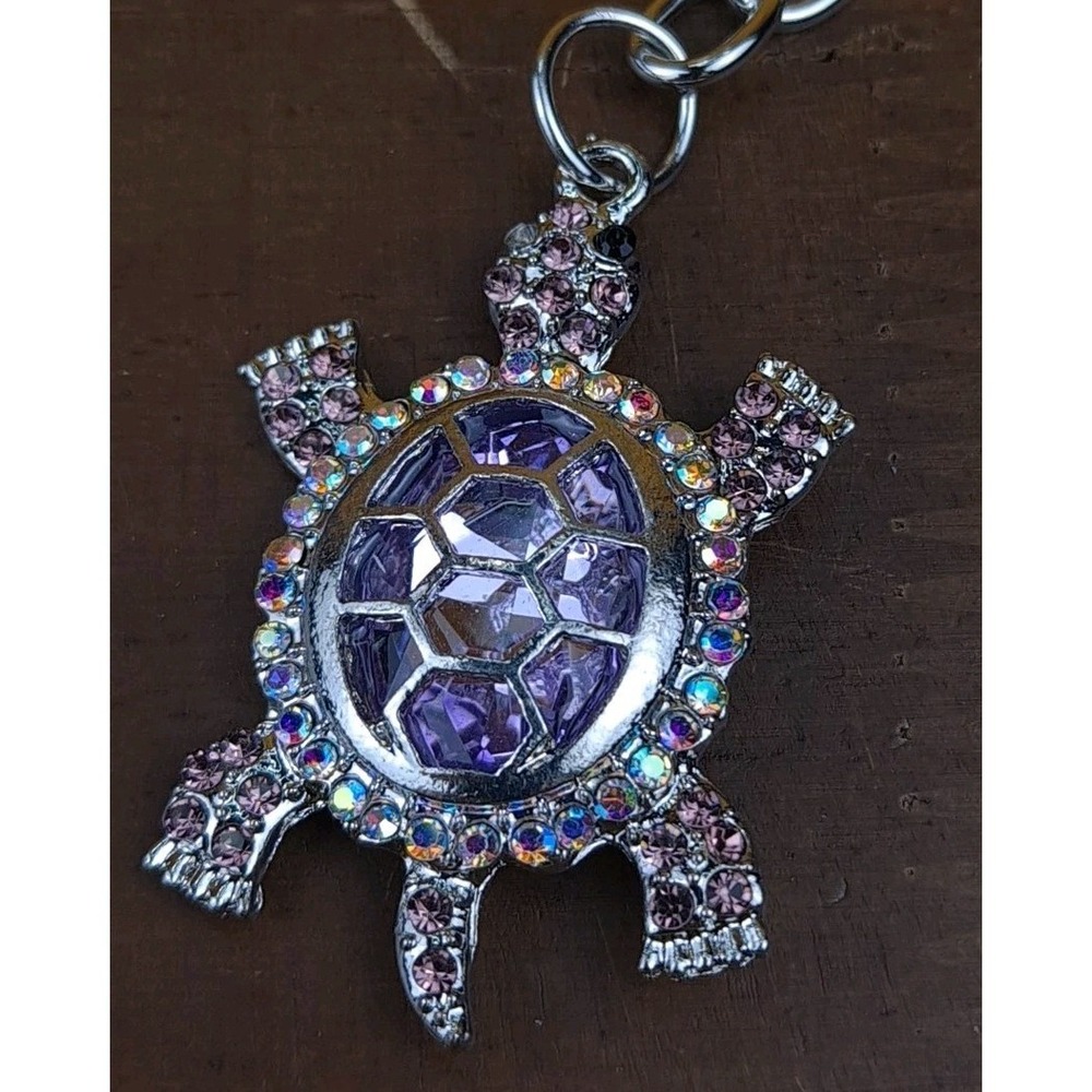 Turtle Purple Lilac Rhinestone Crystal Silver Tone Keychain Backpack Purse Clip - Picture 2 of 6